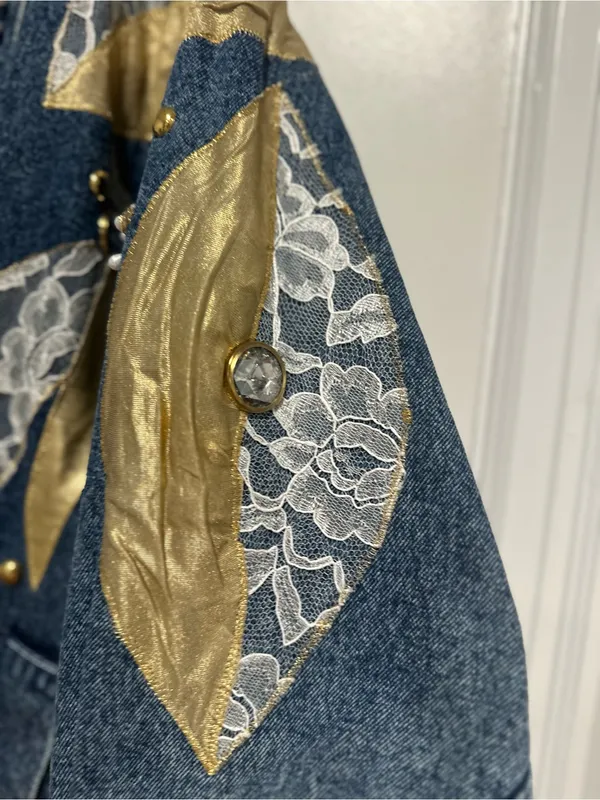 VTG 80s AFSY SzS Loose embellished denim coat gold metallic appliqué lace bead. - Image 6