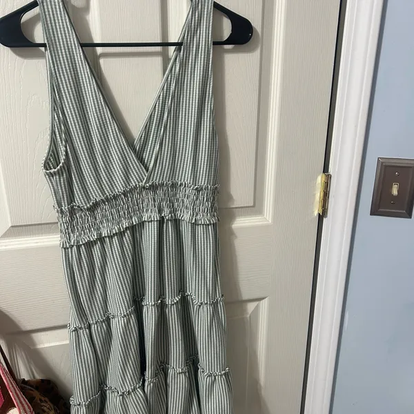 American Eagle Outfitters Sage Stripe V-Neck Tiered Midi Dress - Image 4