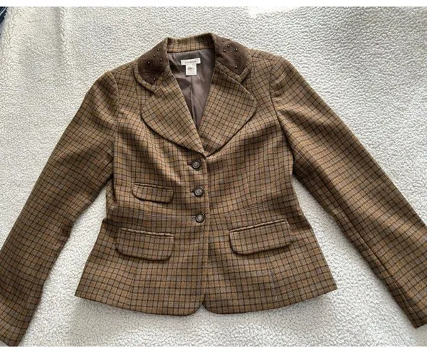 Sundance Catalog Wool Riding Jacket Blazer Brown Plaid Western Stud Collar Sz 6 - Image 7