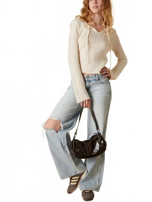 PacSun Your Favorite Diana Open Knit Tie Front Sweater Ivory Large - Image 5