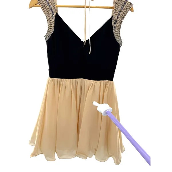 Little Mistress Black‎ Beaded Cap Sleeve Skater Dress Peach Chiffon Skirt - Image 9