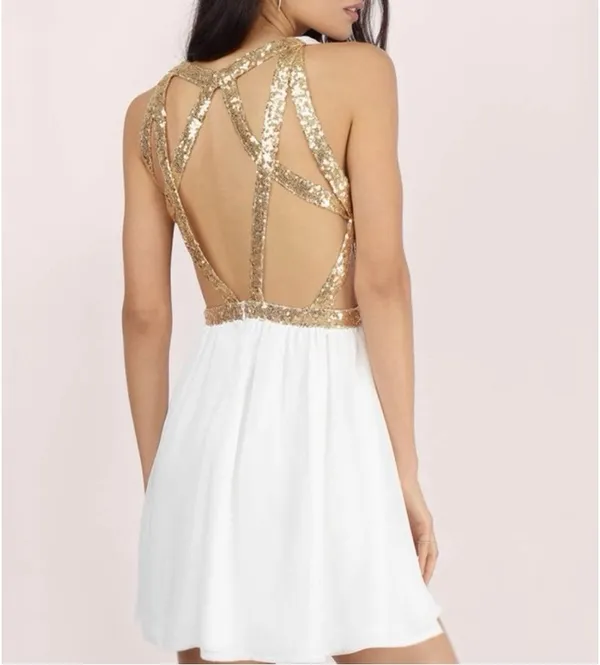 Tobi Gold metallic skater dress white mini Roman dress sequin straps NWT XS - Image 2