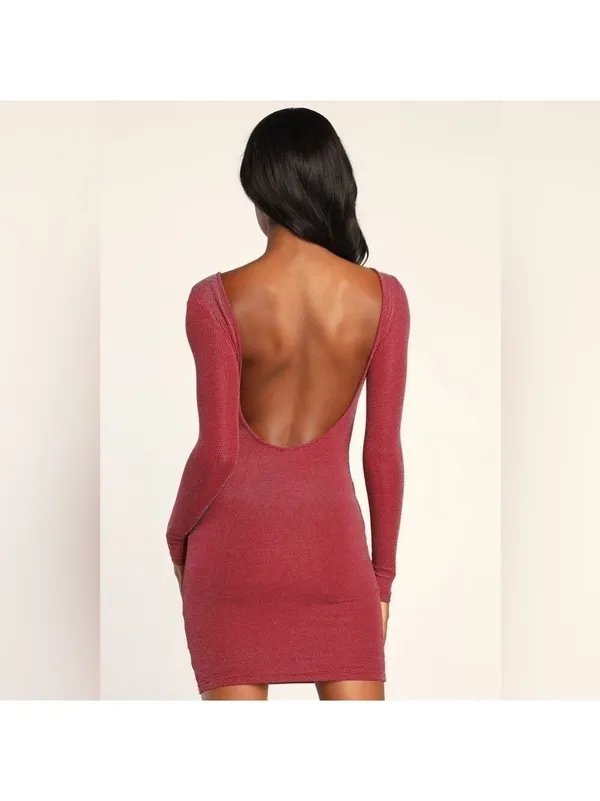 Lulus Gift of Love Red and Silver Backless Long Sleeve Bodycon Dress - Image 2