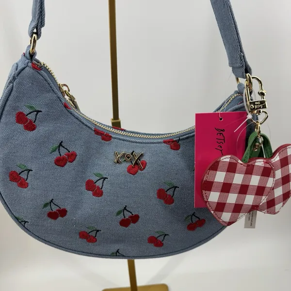 Betsey Johnson Denim Cherry Embroidered Heart Charm Gingham Shoulder Bag NWT - Image 3