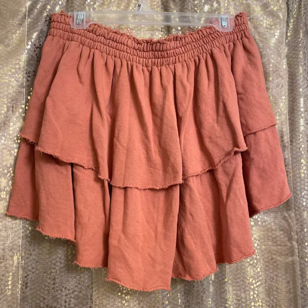 Aerie Orange Boho Tiered Raw Hem Pull On Ruffle Mini Skirt, XL - Image 3