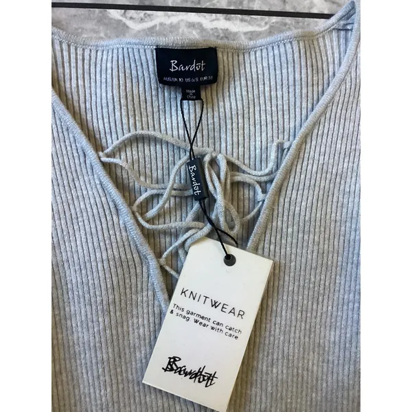 Bardot Grey Kym Lace Up Top Long Sleeve Ribbed Knit V-Neck Sweater Size S NEW - Image 2