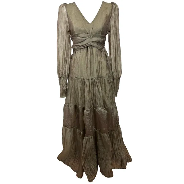 Sheer‎ Crinkle Tiered Maxi Dress Women's S Khaki Ethereal Romantic Coquette Chic - Image 3