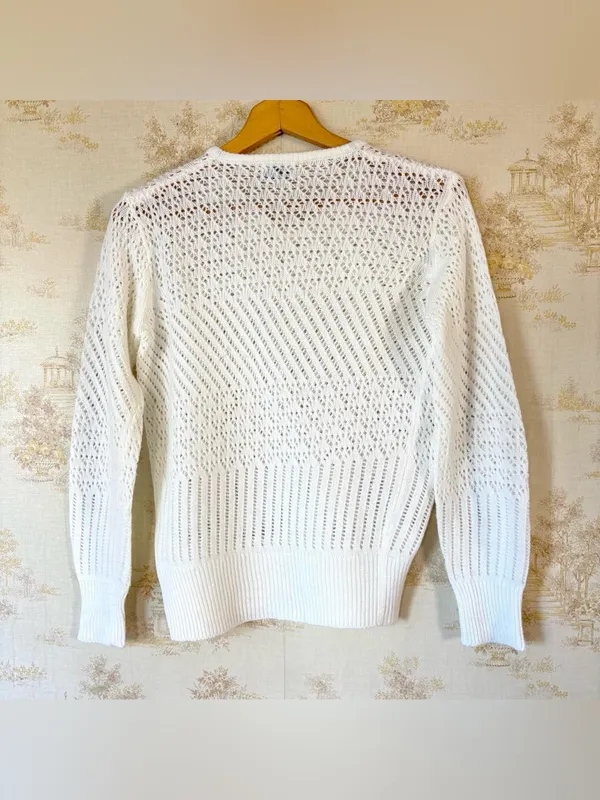 Vintage 60s 70s Hand Loomed White Pointelle Knit Tie Neck Sweater - Image 2