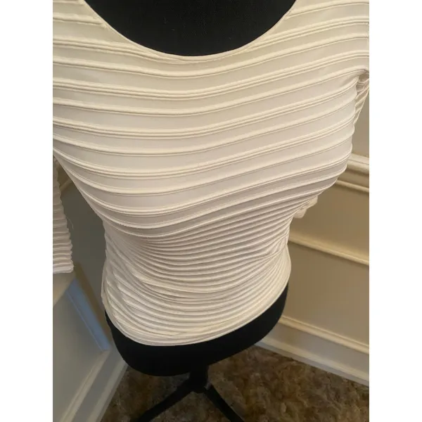 Stripe by Rayure Paris Cream Bouse Fitted Sheer Textured Top 3/4 Sleeve Y2K - Image 2