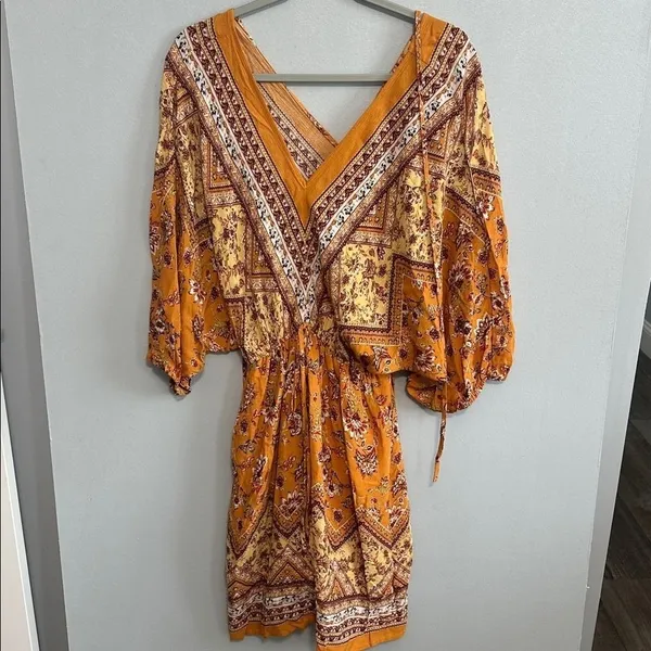 Andree by Unit Womens Dress Mustard Yellow Floral Boho V-Neck Large - Image 2