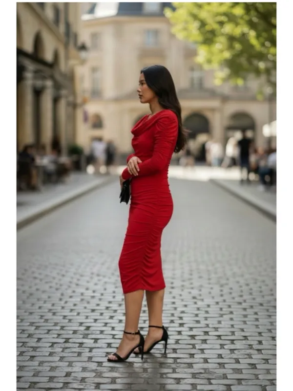 Elegant Red Ruched Cowl-Neck Midi Dress - Image 2