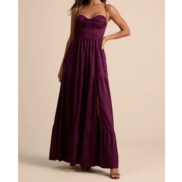 NEW Lulus Vasilia Plum Purple Satin Jacquard Full Tiered Corset Maxi Dress Small - Image 2