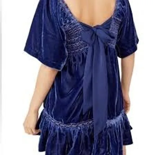 Free People Womens Dress XS Blue Velvet Smocked Tie Back Ruffle Mini Dress - Image 4