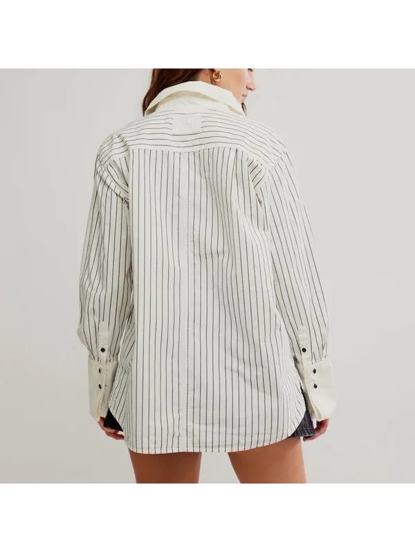 Free People We the Free After Hours Stripe Oversized 1/4 Button Down Top size xs - Image 2