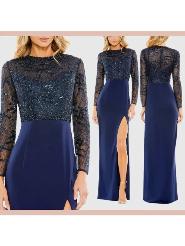 NWT Mac Duggal Size 10 Evening Gown Navy Embellished Thigh High Faux Wrap Formal - Image 2