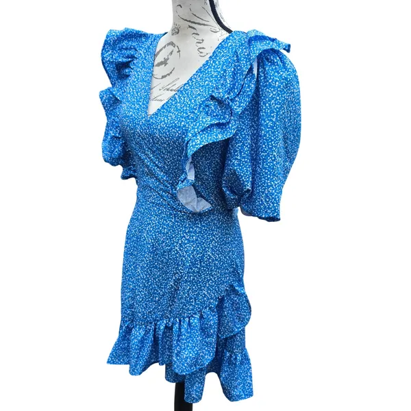 Missguided NWT Blue Floral Ruffle Faux Wrap‎ Mini Dress Puff Sleeve Womens 6 - Image 3