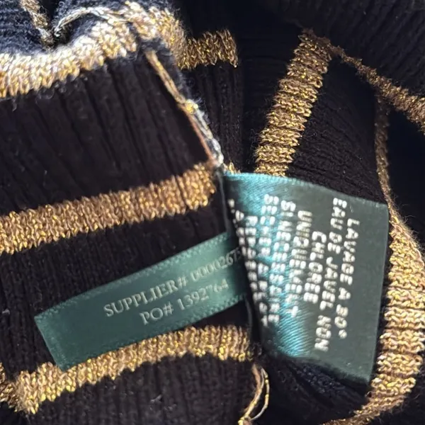 Lauren Ralph Lauren‎ Striped Turtleneck Sweater Small Black Gold Ribbed Knit - Image 5