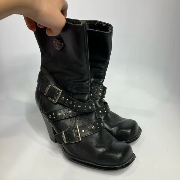 Harley Davidson obsession‎ harness boots black leather buckles heels womens 8 - Image 2