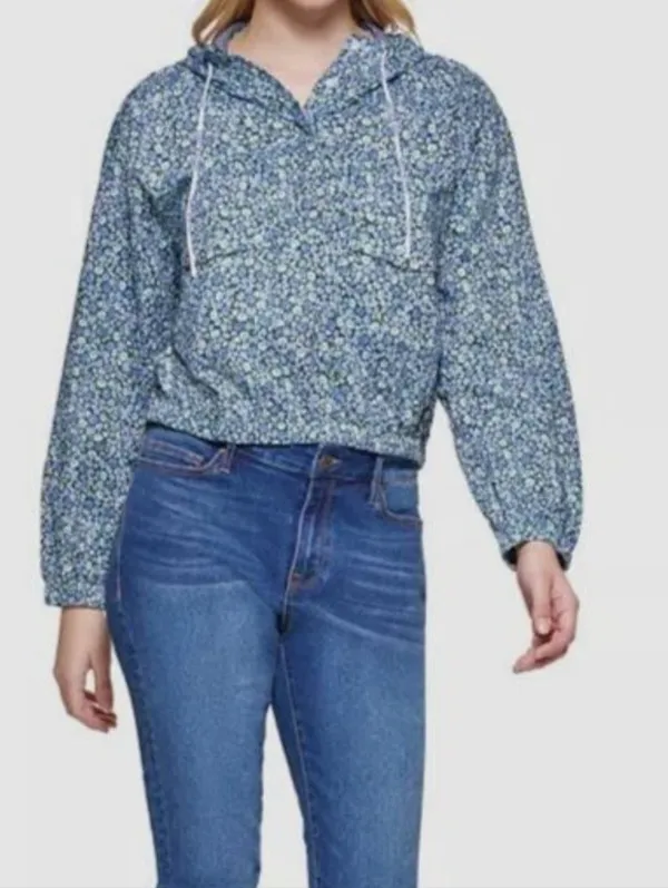 NEW Tommy Hilfiger Blue Floral Cotton Hoodie Pullover Jacket Medium - Image 3