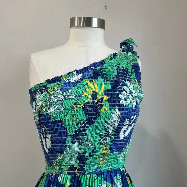 Japna One Shoulder Smocked Maxi Dress‎ Blue Green Floral Boho Vacation Sz Small - Image 6