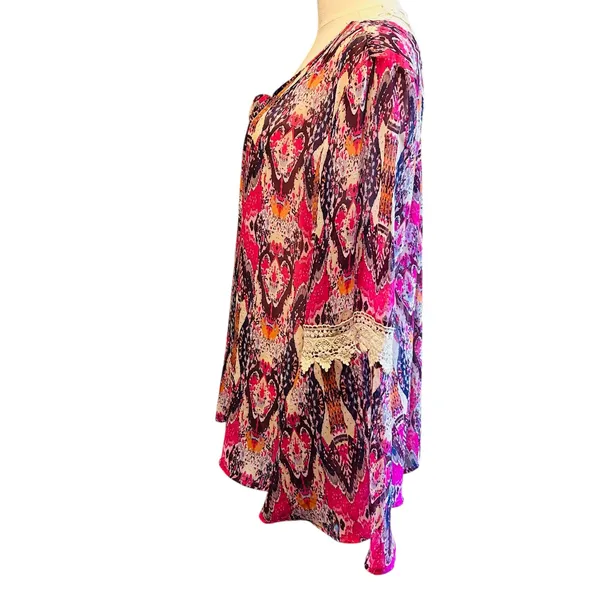 COMO Vintage Top Blouse Tunic SZ L Multicolor Sheer Crochet Bell Sleeves Boho - Image 9