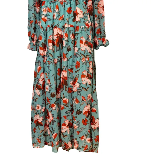 Floral Ruffle V-Neck Maxi Dress Sage Green Boho Tiered Empire Waist Small - Image 3