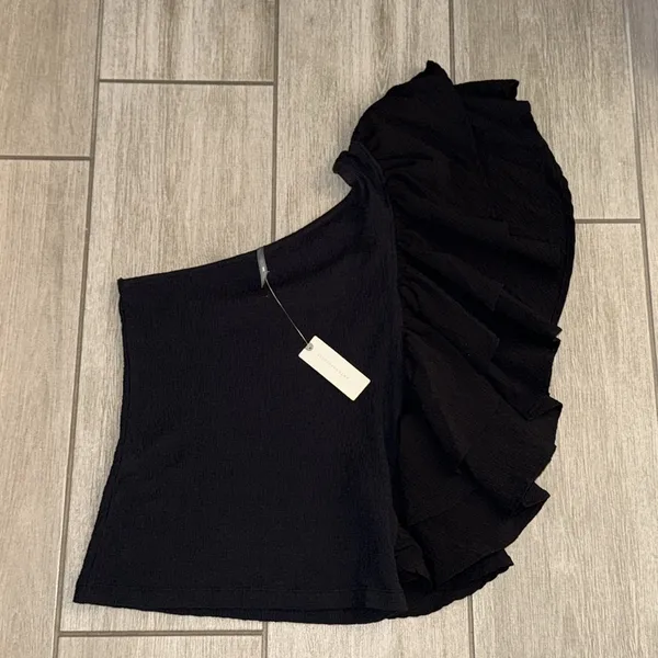 Anthropologie One-Shoulder Ruffle Top Black‎ Textured XXS NWT - Image 9