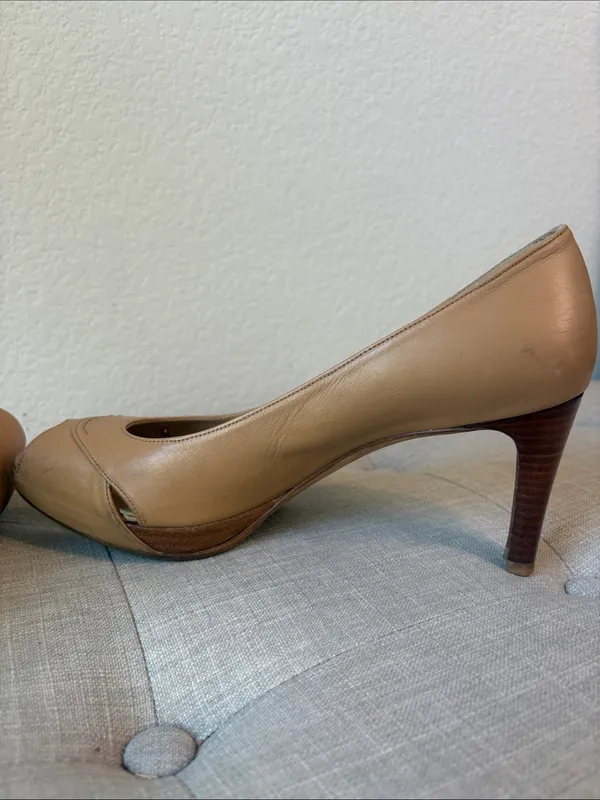 Stuart Weitzman Tan Leather Peep-Toe Heels Y2K wooden heel - Image 8