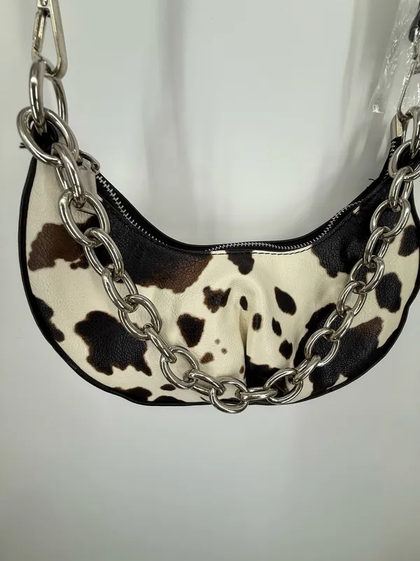 Cow Print Crossbody Purse Handbag Small Shoulder Bag Silver Chain Zip Closure - Image 8