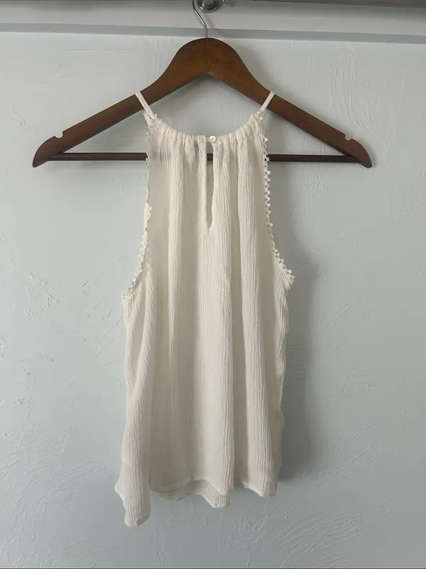 H&M Cream Textured High-Neck Camisole with Pom Trim - Image 3