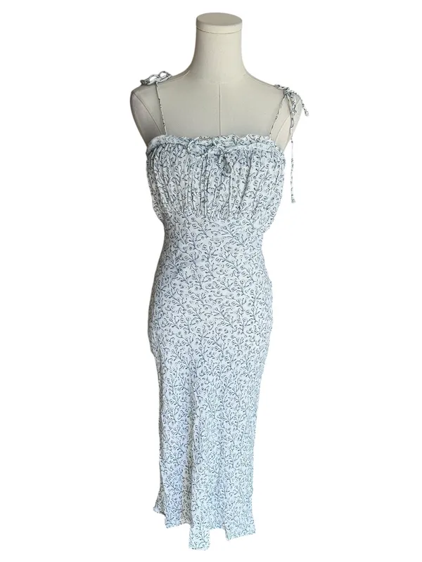 Cleobella - Floral Smocked Midi Dress White Blue Self-Tie Strap Sz M - Image 2