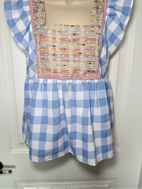Entro Small Blue Gingham Ruffle Sleeve Beaded Square Neck Babydoll Top Coquette - Image 5