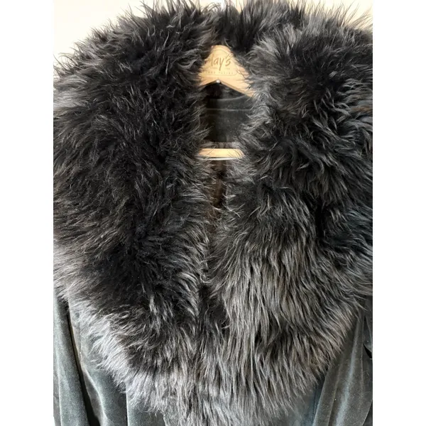 VTG Raincheetahs Black Velvet Faux Fur Long Opera Coat Belted Sz 12‎ Penny Lane - Image 2