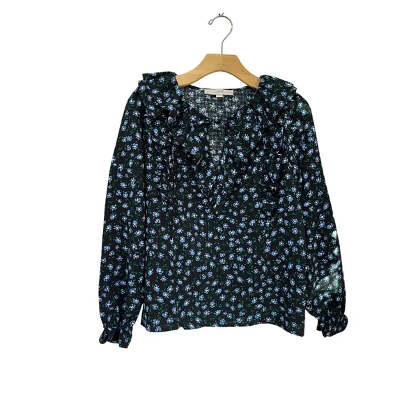LOFT Black Blue Floral‎ Ruffle Tie Neck Blouse Romantic Cottagecore XS - Image 2