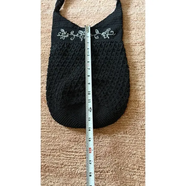 Black Crochet Shoulder Bag with Floral Embroidery - Image 4
