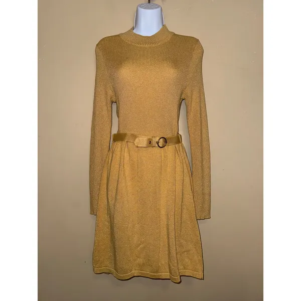Free People French Girl Gold Metallic Belt mini dress M Glam Holiday Retro Chic - Image 4