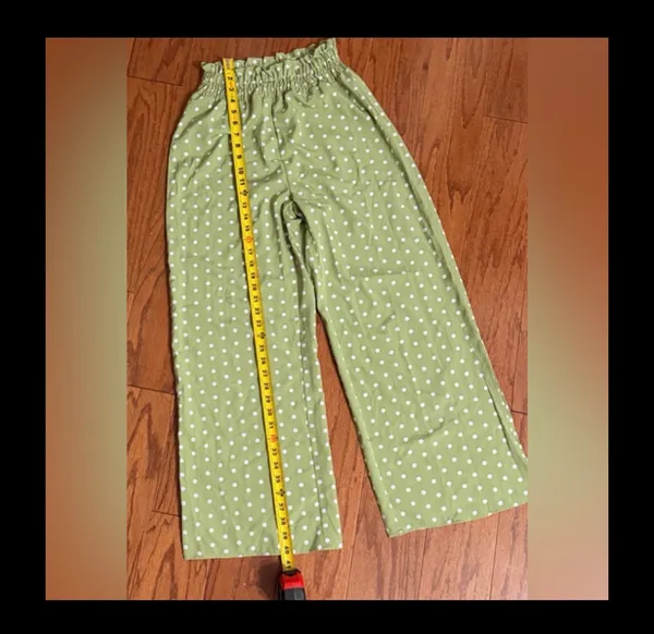 Shein Olive Green high waste Polk dot wide leg pants - Size Small with Bag. Gently warn once and excellent condition. Measurements approximately 12” waste not fully stretched out from elastic waste band x 12” rise x 43” long. None smoking home. Priced to sell at as is condition. Don’t like my price, make reasonable offer. - Image 7