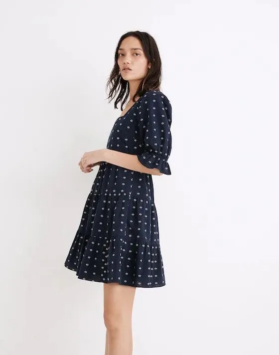 Madewell Square-Neck Puff-Sleeve Tiered Mini Babydoll Dress Size 10 100% Cotton - Image 11