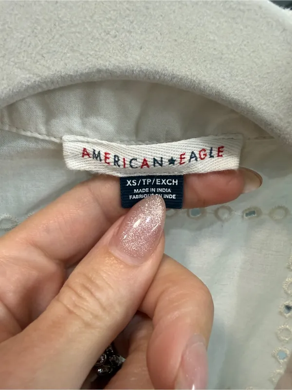 American Eagle Short-Sleeve Eyelet Button-Down Shirt - XS cream - Image 3