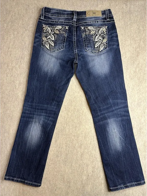 MISS ME Jeans Mid Rise Easy Cropped Bling Embellished Floral Design 27x23 - Image 5