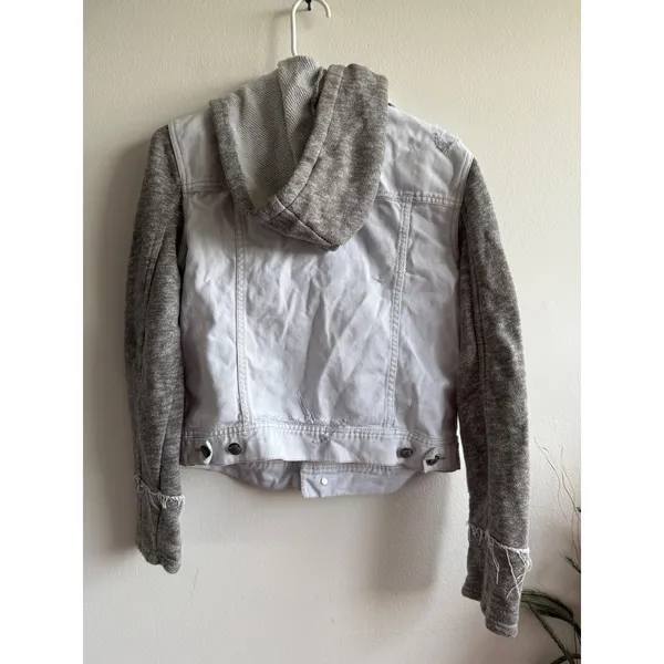 Free People Mixed Media Denim Jacket Light Wash Distressed Knit Hooded Grey M - Image 2