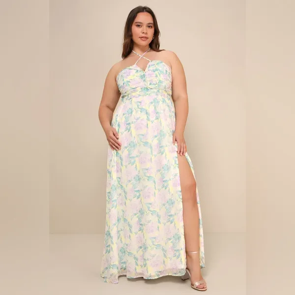 LULU’S Effortlessly Abloom Green Multi Floral Ruched Halter Maxi Dress - Image 4