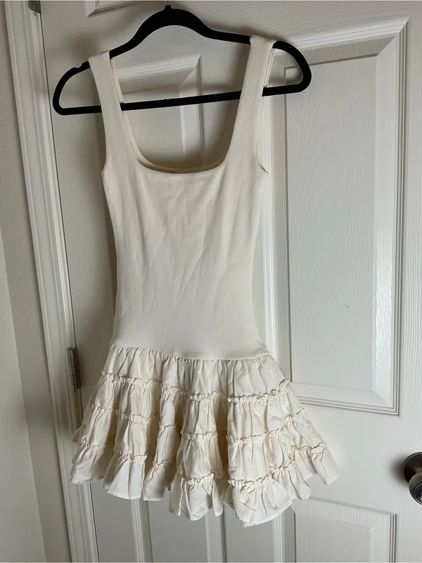 ZARA Cream Ribbed Knit Drop Waist Tiered Ruffle Mini Dress Small Balletcore - Image 2