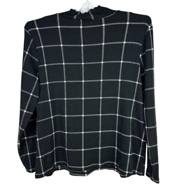 Maurices Womens Plus Size 2X Long Sleeve Black Ribbed Ruffle Neck Grid Print Top - Image 2