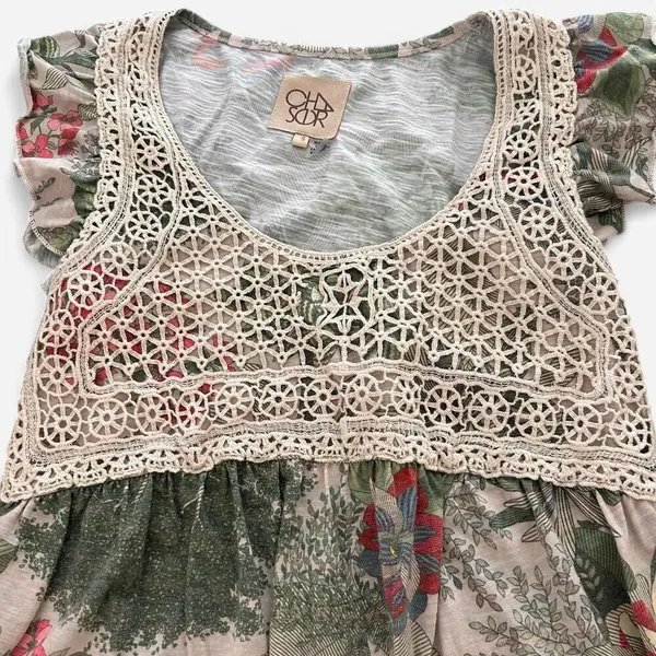 Chaser Boho Crochet layered Tropical Tee | Festival Hippie Mixed Media Top small - Image 3