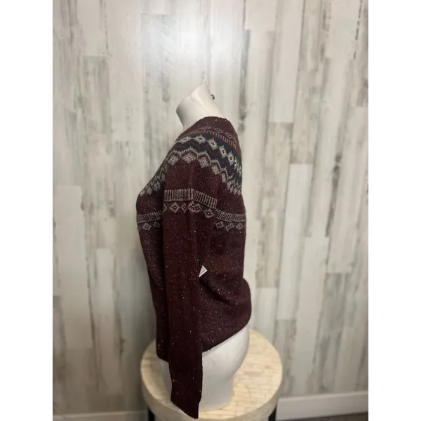 Leslie Rose Fair Isle Nordic Crewneck Knit Sweater Womens Small Burgundy Maroon - Image 2