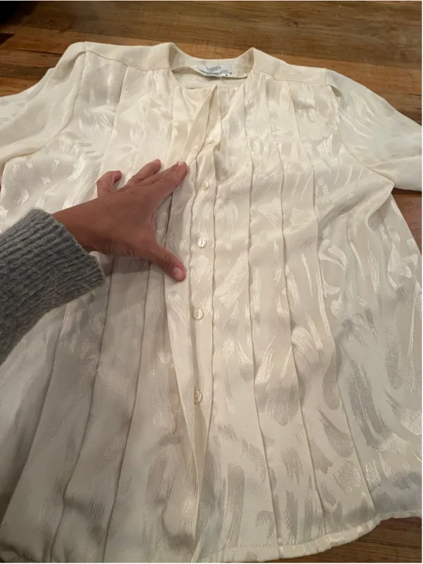 Vintage 80s 90s Axiom Cream Jacquard Pleated Blouse 8P - Image 8