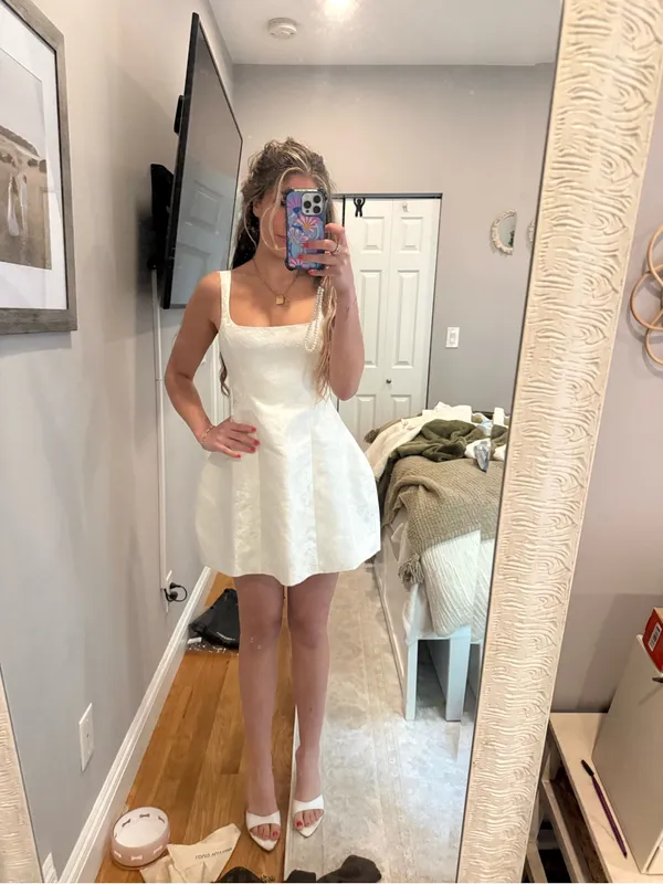 Babyboo Orla Mini Dress - Ivory. Square-Neck White Jacquard A-Line Wedding Dress - Image 4