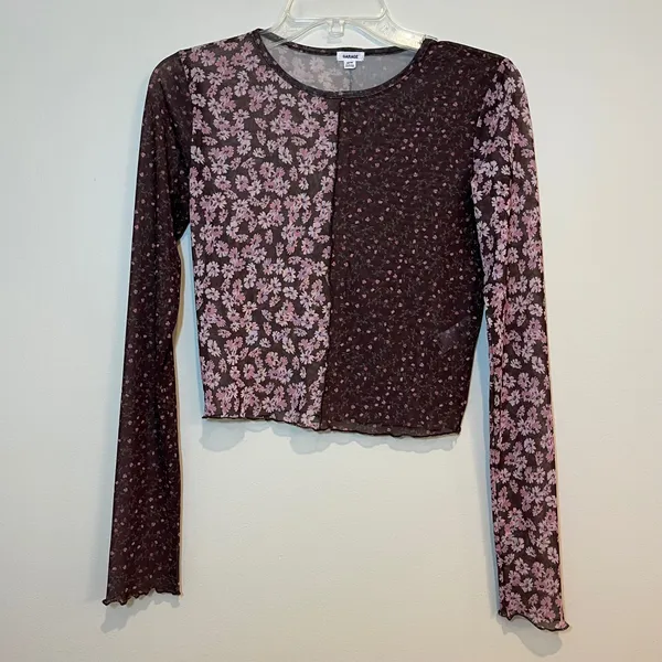 Garage Mesh Shirt Cropped Long Sleeve Pink Brown Mixed Ditsy Floral Layering Med - Image 2