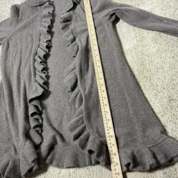 Magaschoni Ruffle Trim Cashmere‎ Cardigan Womens Brown Open Front Knit Hole - Image 5